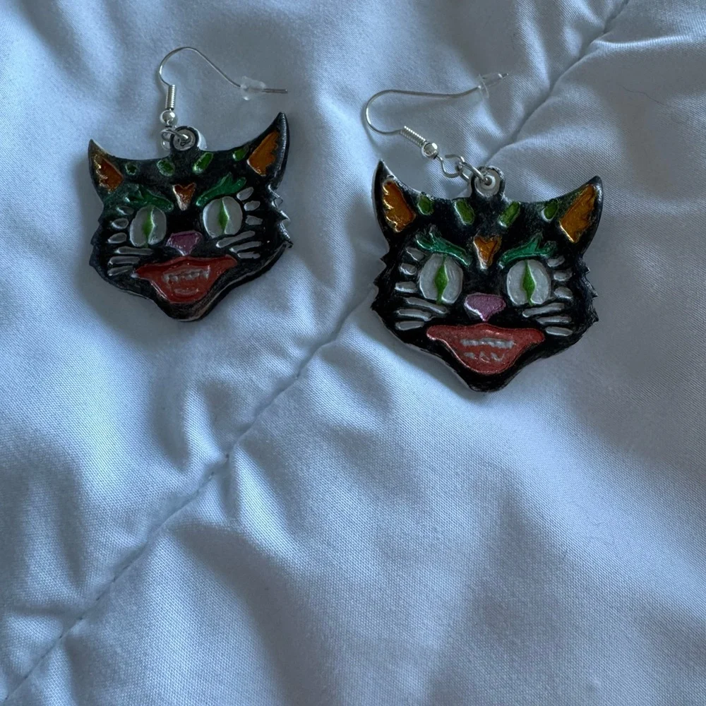 Whimsical Cat Face Earrings in Black and Green Handmade!